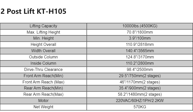 Two-post lift specifications chart listing capacity, heights, width, and motor