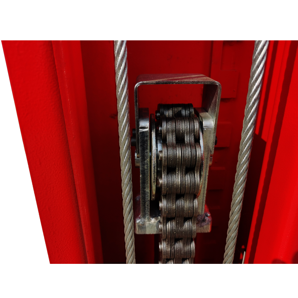 Car lift pulley and cable winch assembly with steel wheel blocks inside red column