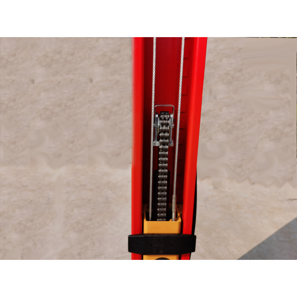 Car lift column with stacked cable rollers and black base contact pad