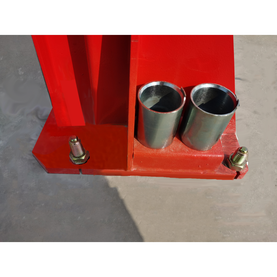 Red 2-post car lift base with two steel support sleeves and securing bolts