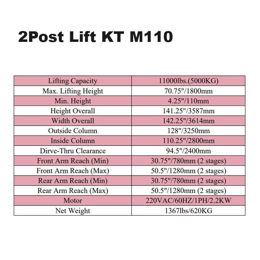 2-post lift specification chart listing lifting capacity, height ranges, and clearance