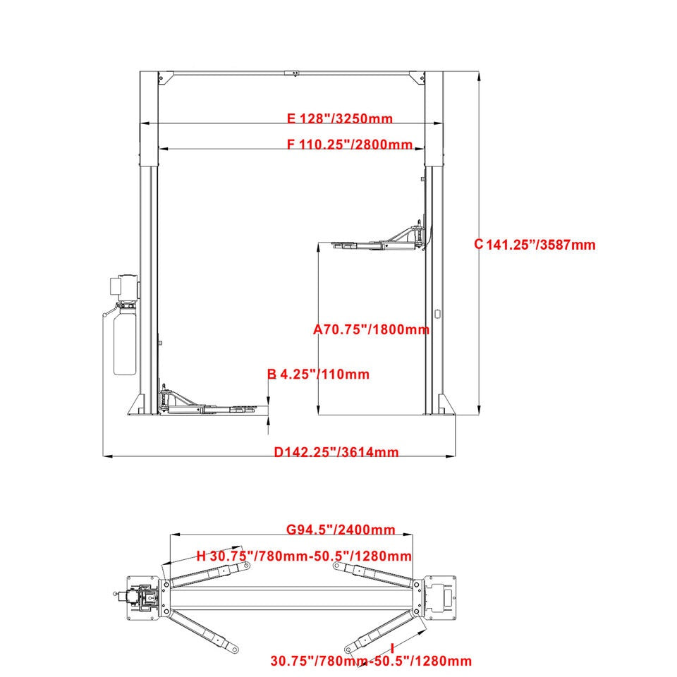 Two-post car lift dimension diagram with overall height, width, and arm spacing