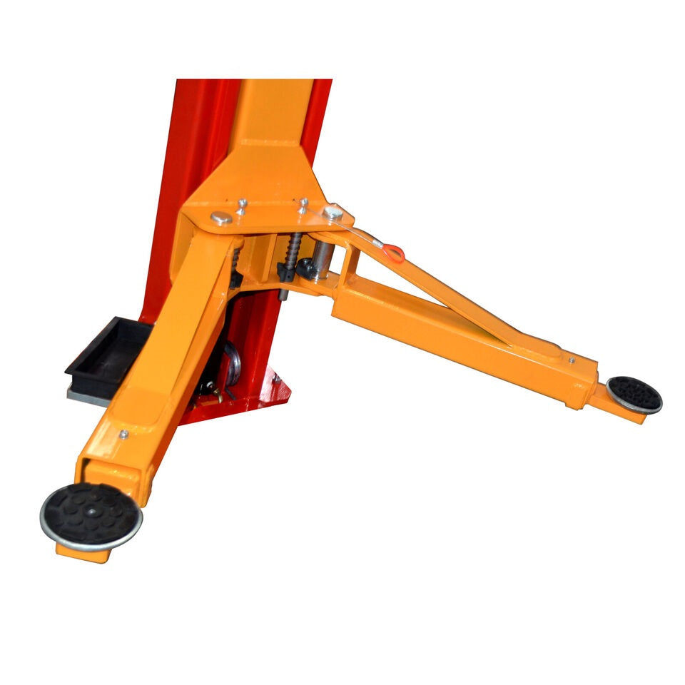 Car lift side arm with black rubber foot pad and yellow support brackets