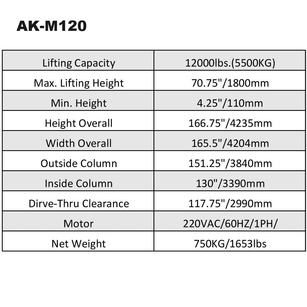 AK-M120 car lift specifications table showing lifting height, weight, and dimensions