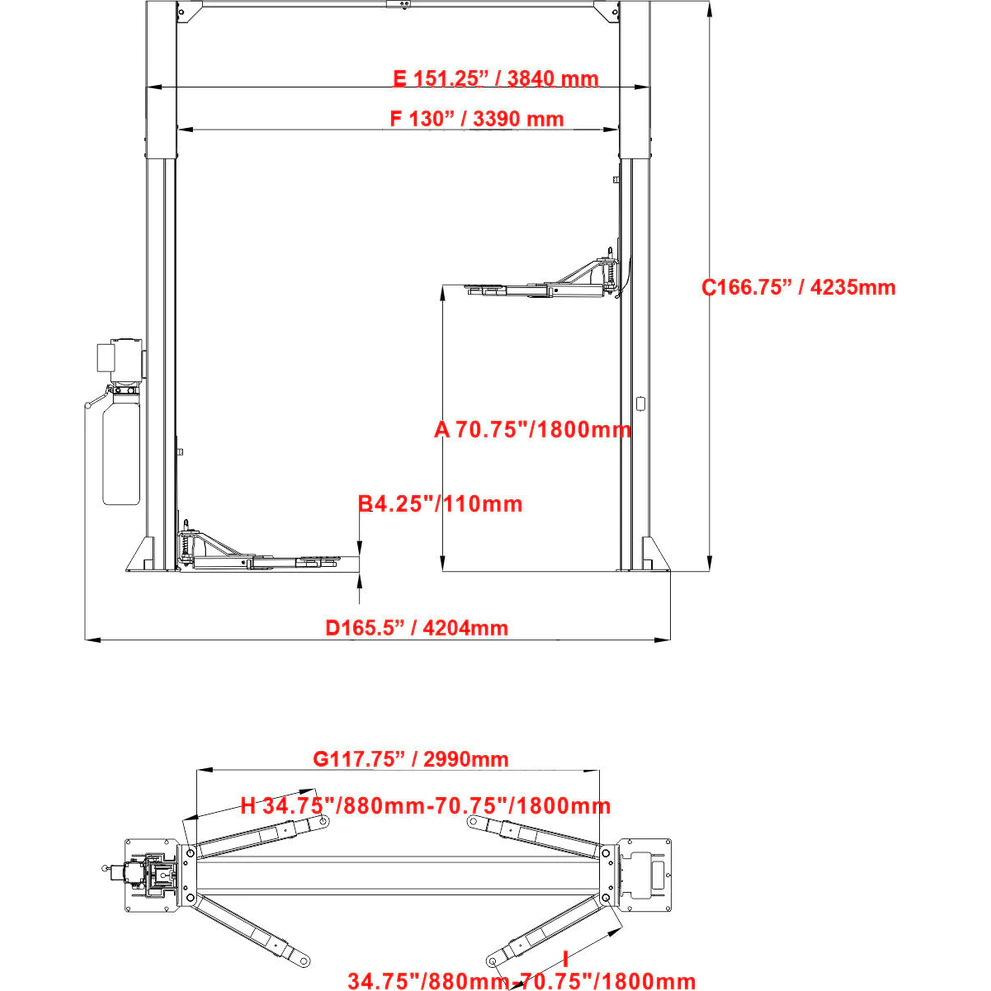 2-post car lift dimension diagram with outer and inner clearance measurements