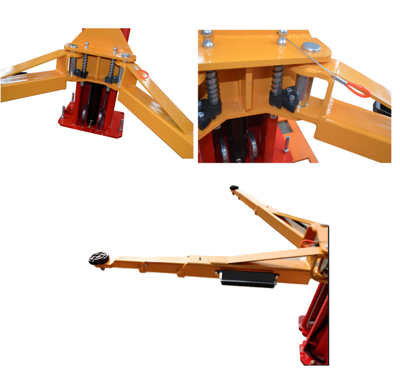 2-post car lift lifting arm end with cable guide and spring housing on red base
