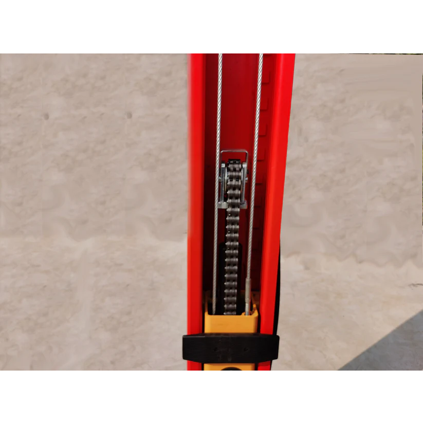 Red lift column with steel lifting cables and black support pad at base