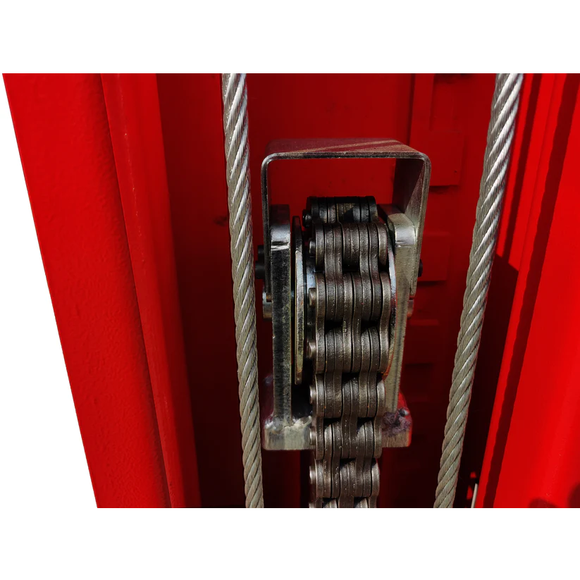 Hoist cable pulley assembly with steel sheaves inside red lift column