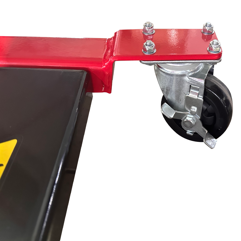 Metal caster wheel assembly attached to red base frame