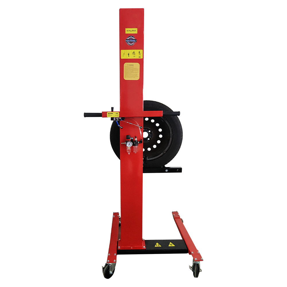 Red wheel lifter stand with circular wheel plate and rolling base casters