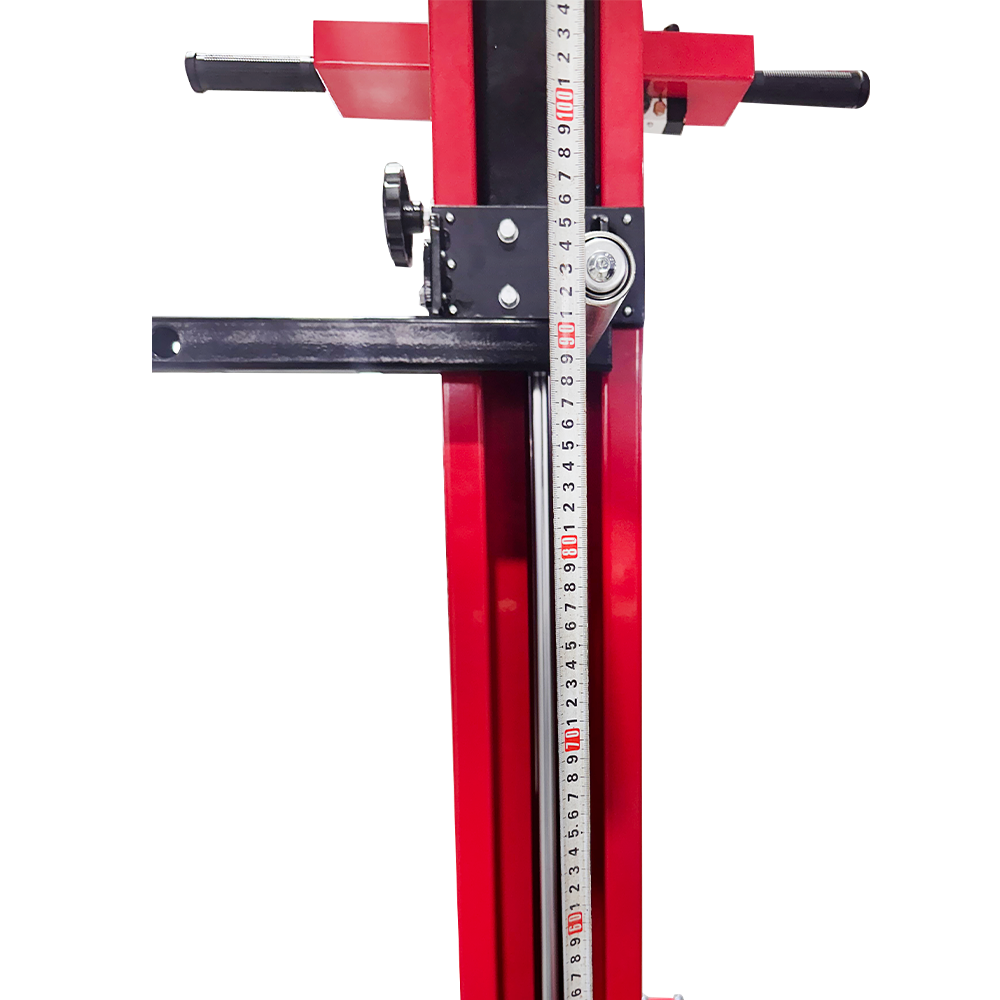 Red vertical frame with mounting bracket, measurement scale, and side handle bar