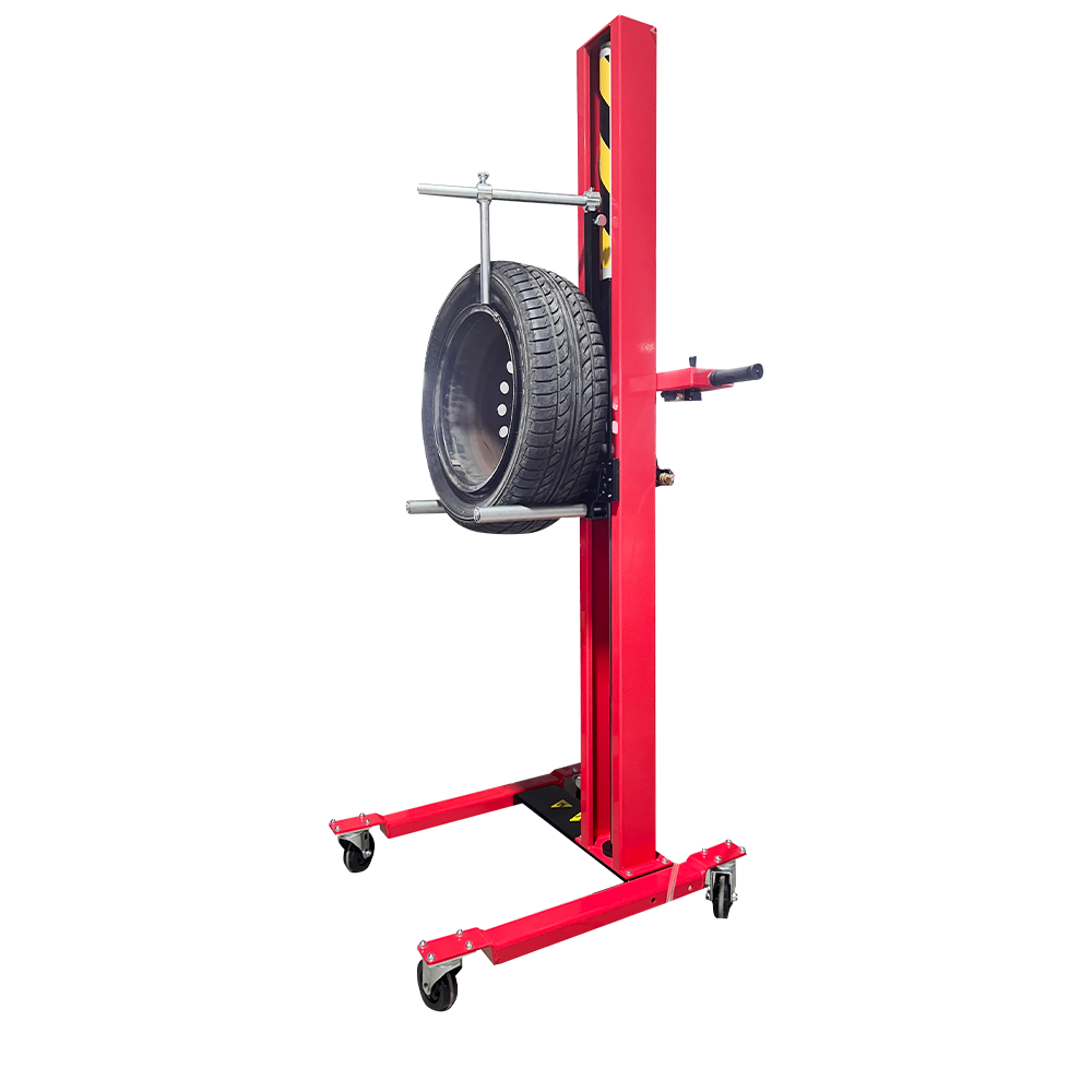 Red tire wheel lift stand with steel post, wheel carrier, and caster base