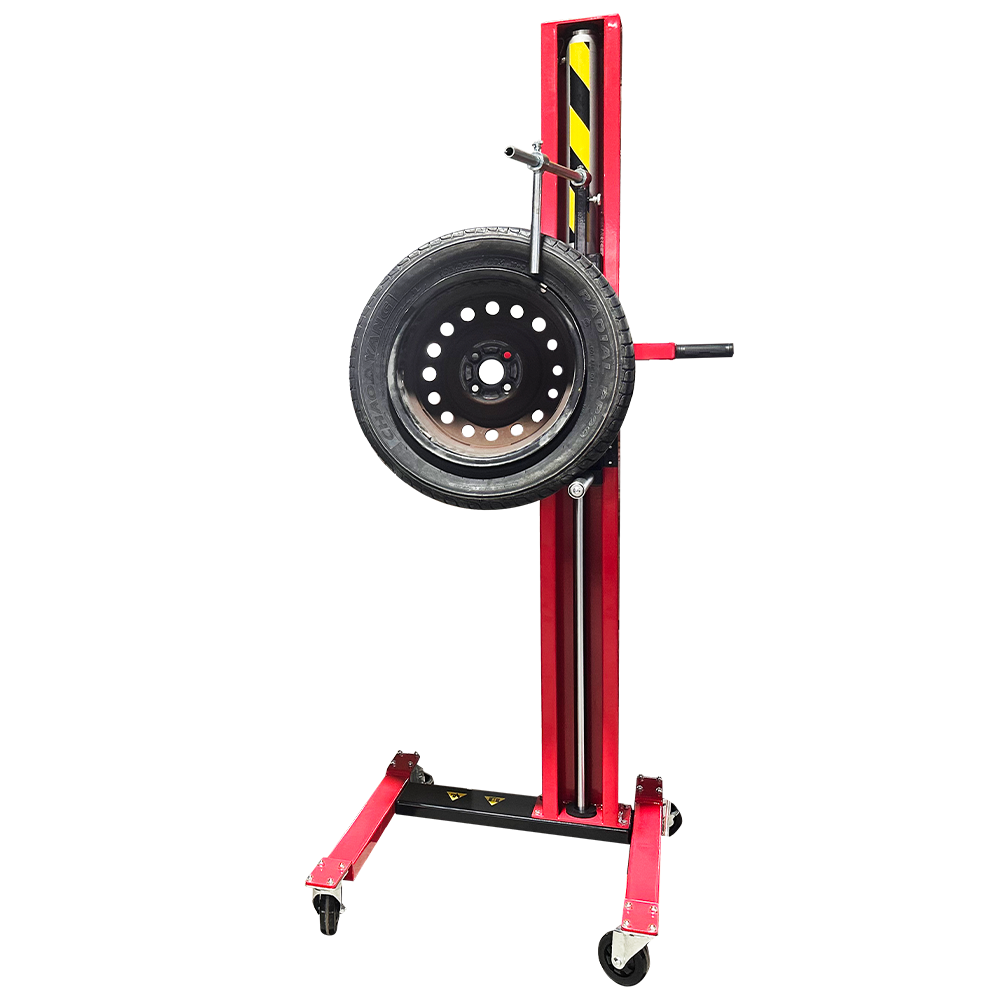 Red tire wheel lift stand with mounted steel wheel and side support handles