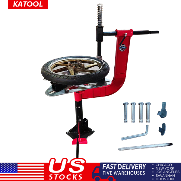 KATOOl manual motorcycle tire changer with included parts, red and black