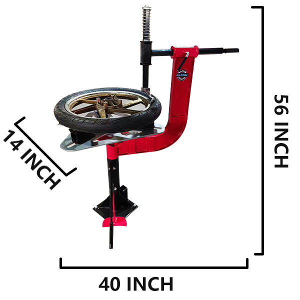Motorcycle tire changer dimensions: 40 in length, 14 in width, 56 in height