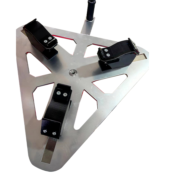 Metal tire changer tool plate with three black clamp mounts and bracket posts