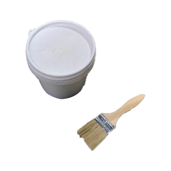 Tire changer lube container with white lid and wood-handled brush