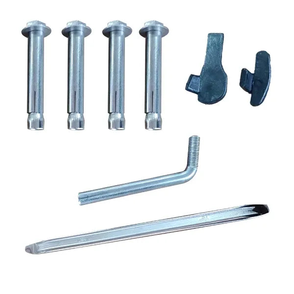 Accessory kit: bolts, L-handle wrench, tire pry bars, and blue plastic inserts