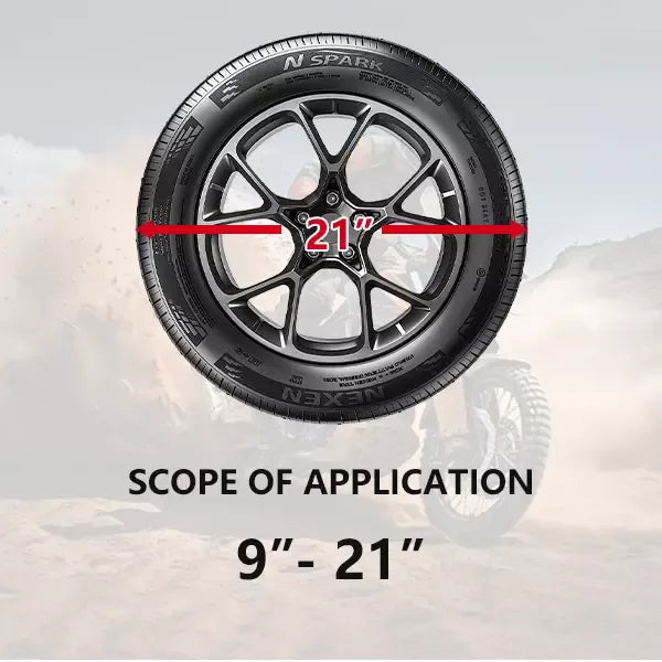 Tire size range 9–21 in for motorcycle wheel applications