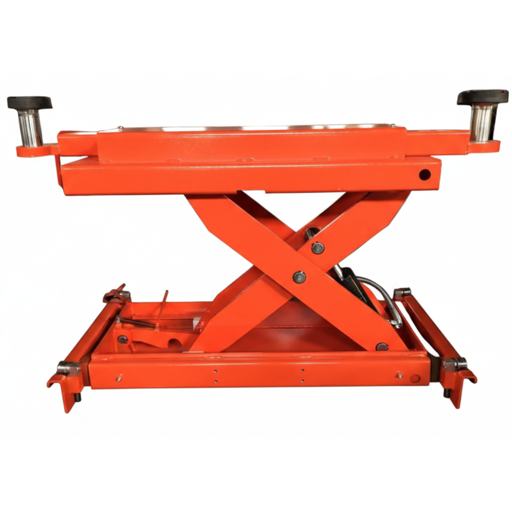 Orange scissor lift rolling jack with lifting platform and black side components