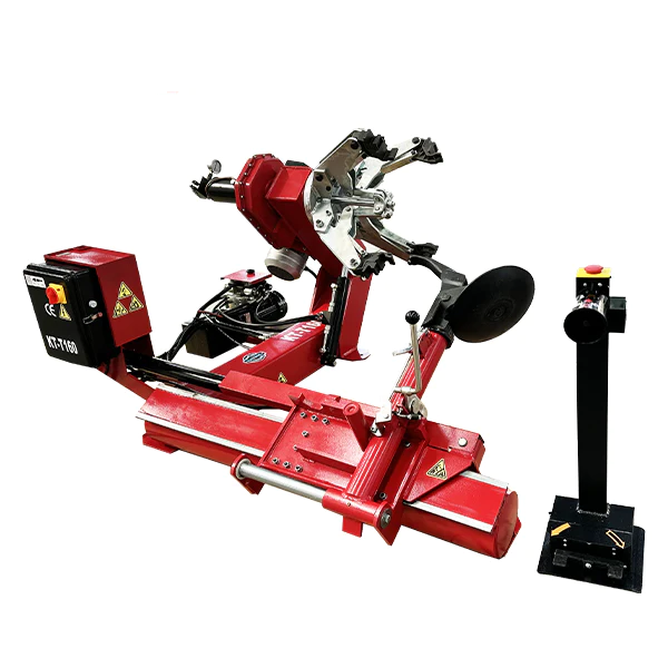 Red heavy-duty tire changer with mounting head, side arm, and bead breaker