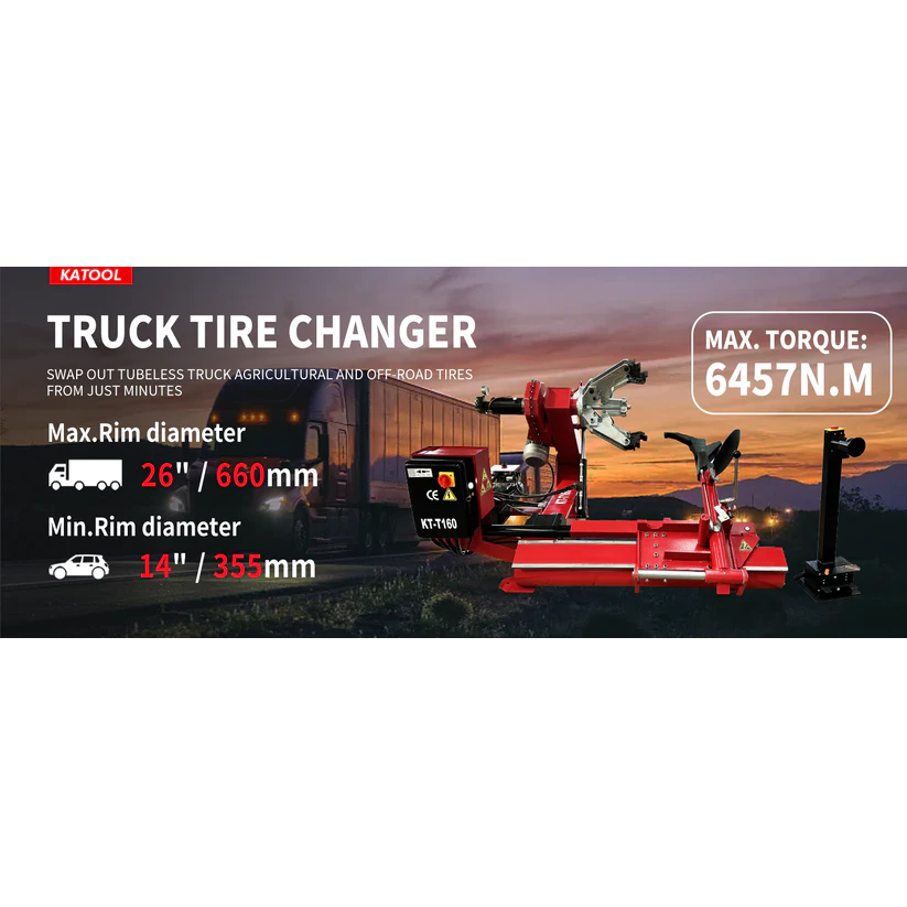 Red truck tire changer with clamping arm and hydraulic bead breaker base, electro-hydraulic