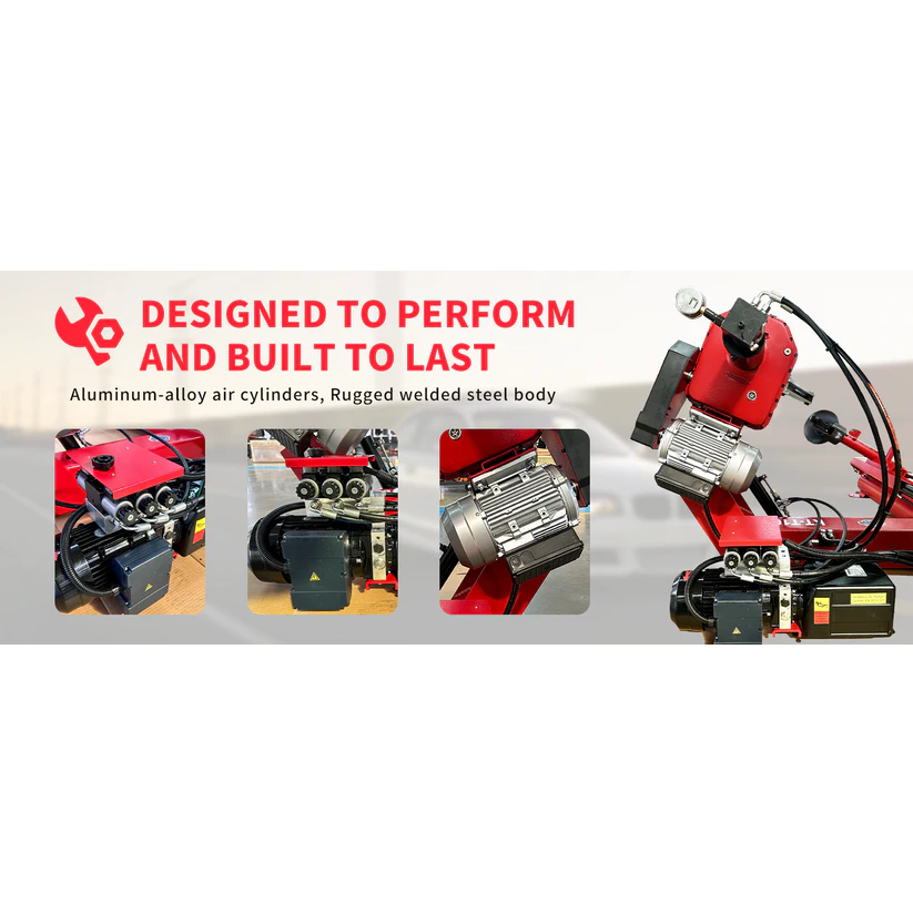 Red electro-hydraulic truck tire changer head with air cylinder and control components