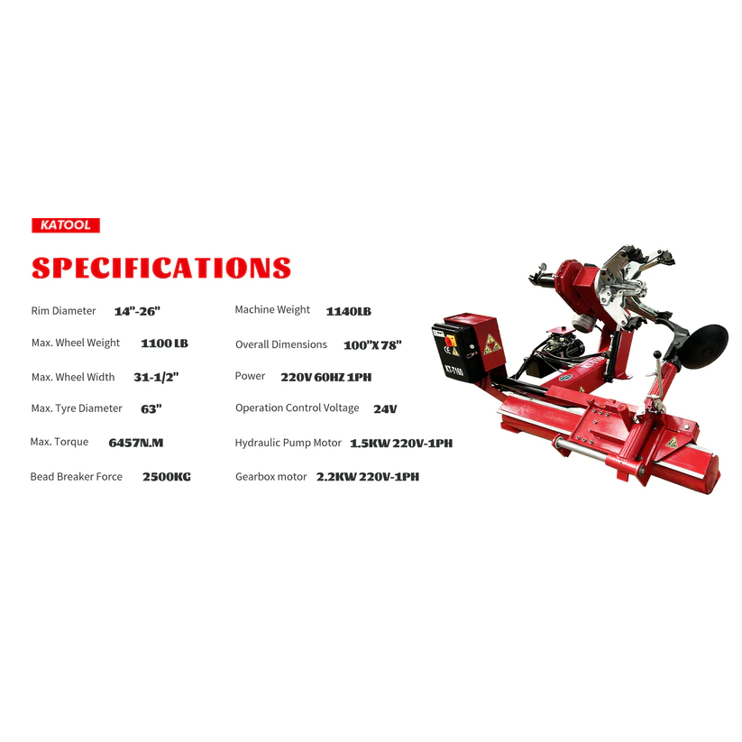 Red truck tire changer with mounting post, tool head, and hydraulic base frame