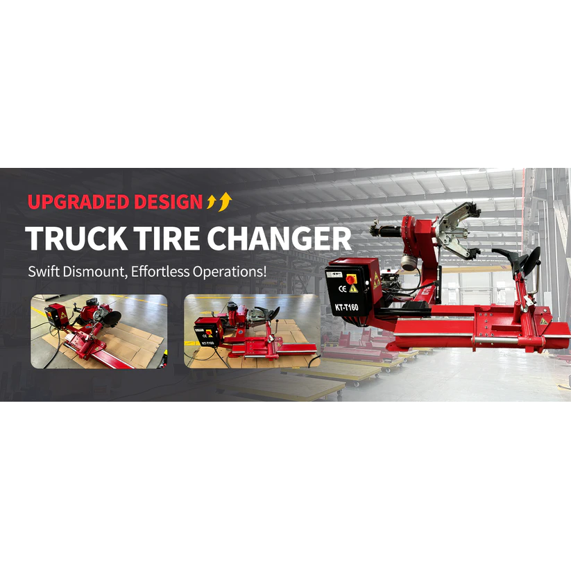 Red truck tire changer with hydraulic clamps, control box, and upright service arm