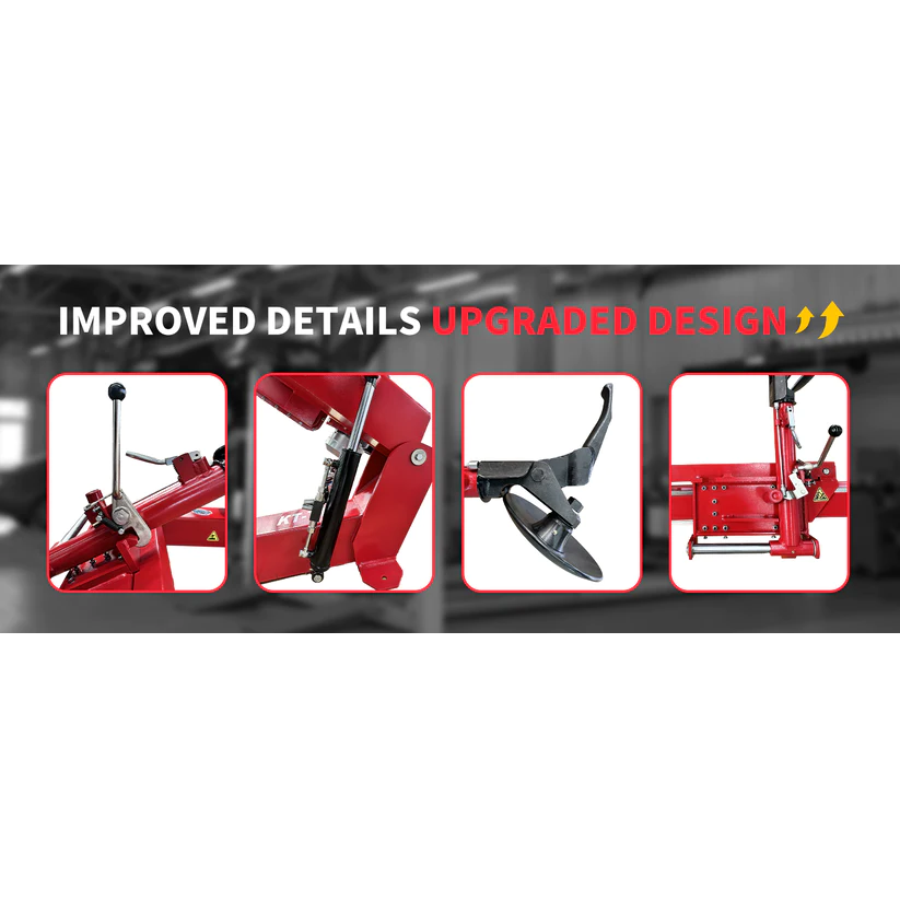Red tire changer toolset with bead breaker lever, clamping arm, and frame supports