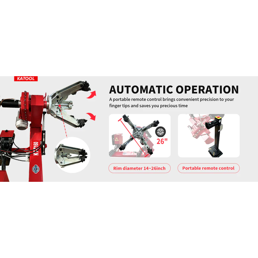 Red truck tire changer with upright column and remote control operation position