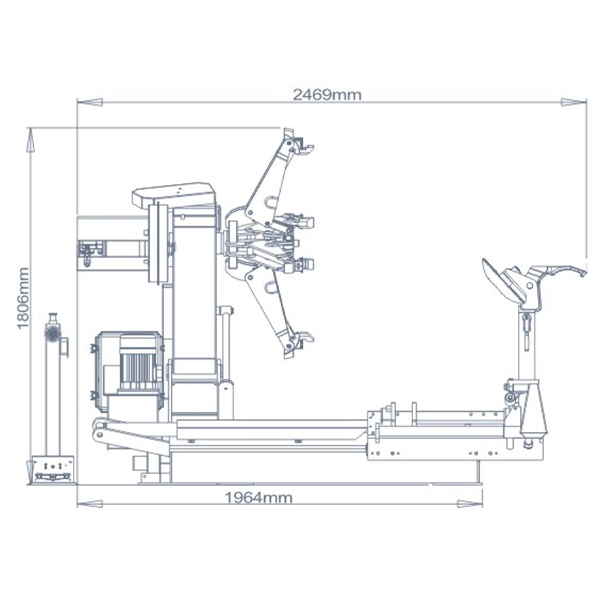 Truck tire changer line diagram showing operating arm and base frame