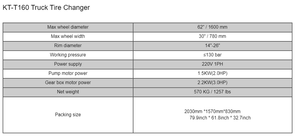 Truck tire changer specifications table with dimensions, pressure, and power details