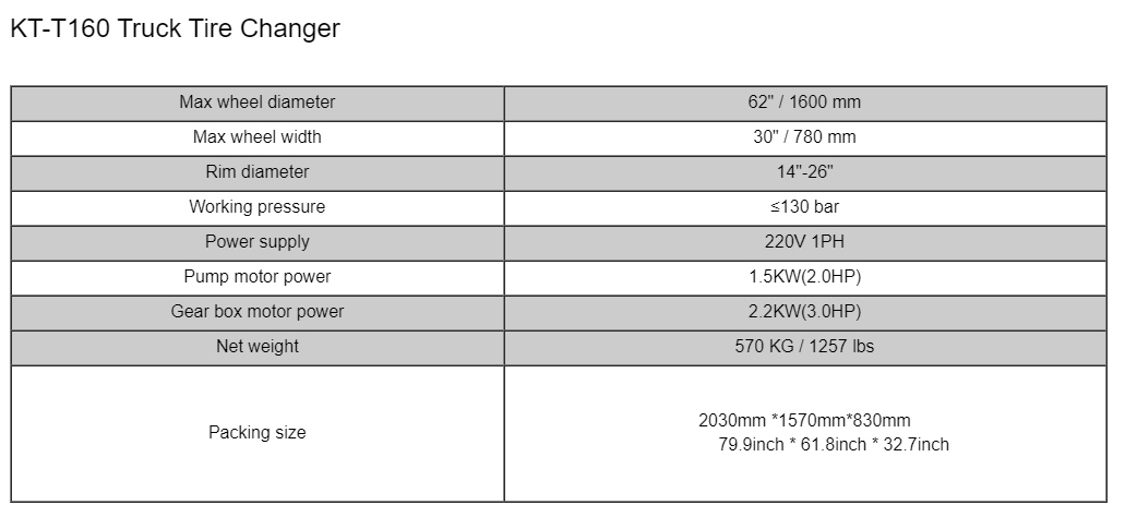 Truck tire changer specifications table with dimensions, pressure, and power details
