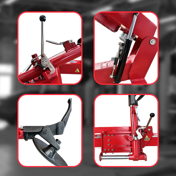 Tire changer tool set: mounting arm, bead breaker arm, and lift mechanism detail