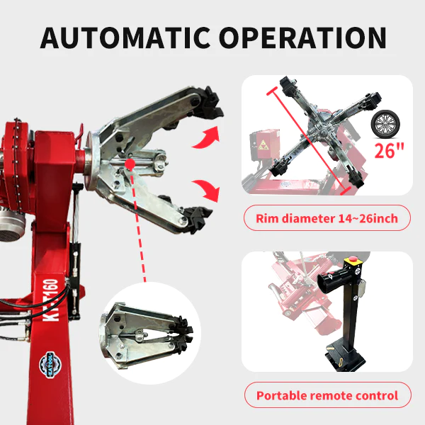 Automatic tire changer system with rim clamping tools and portable remote control
