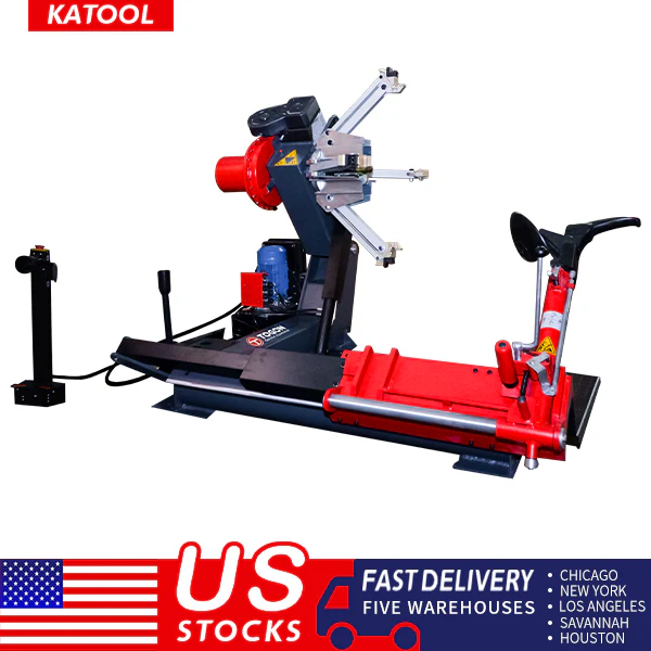Heavy-duty truck tire changer with red base, black frame, and overhead bead tool arms