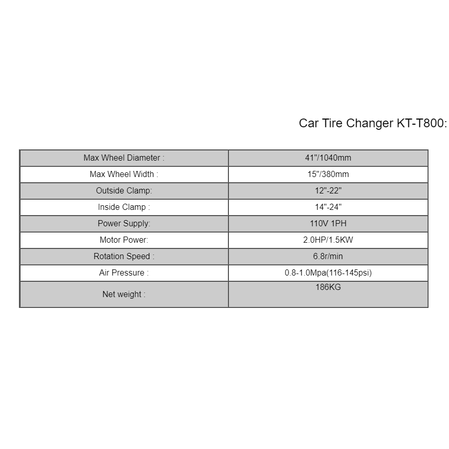 Car Tire Changer KT-T800 specification chart with wheel size, power, and speed details