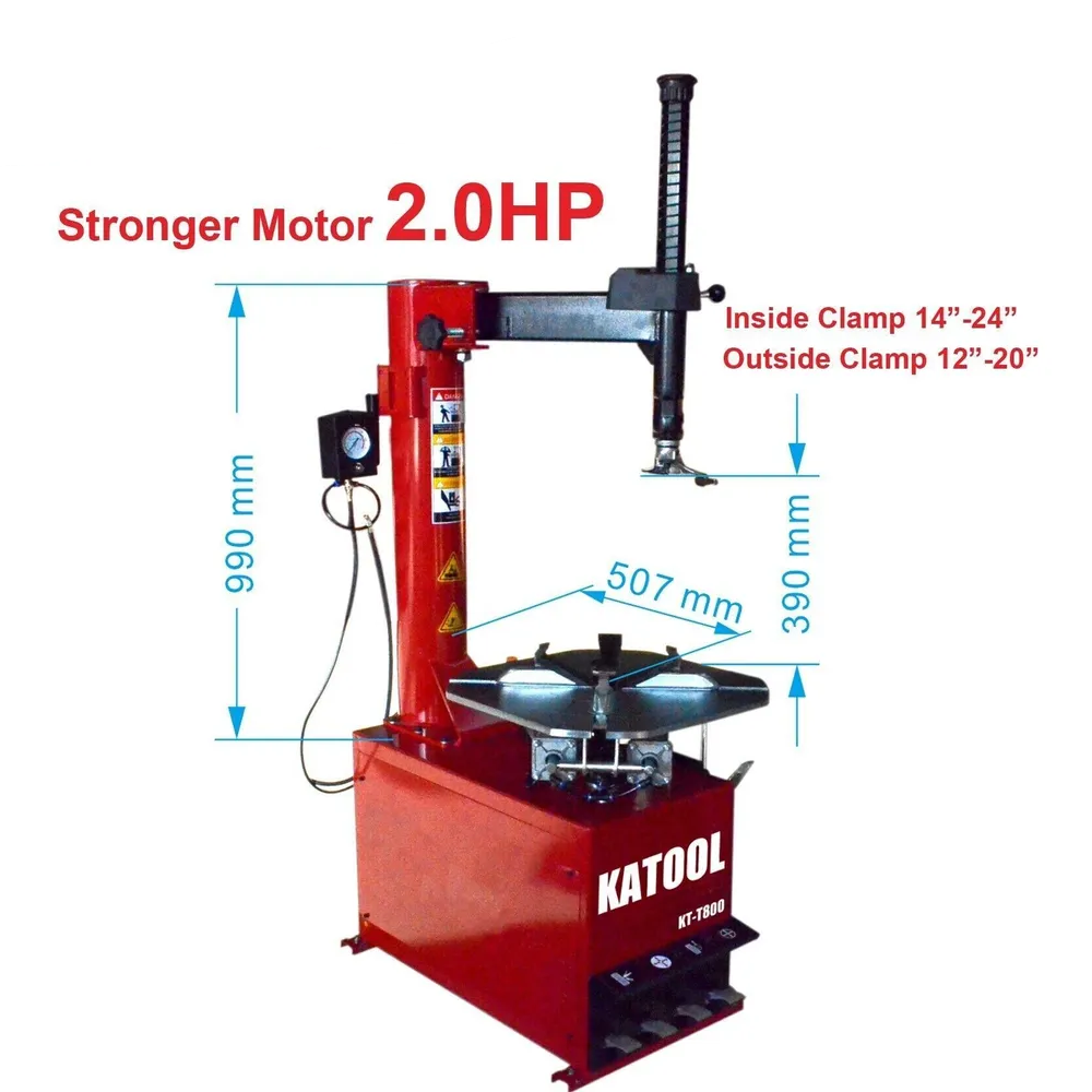 Tire changer with red base and mounting head attached to clamping arm