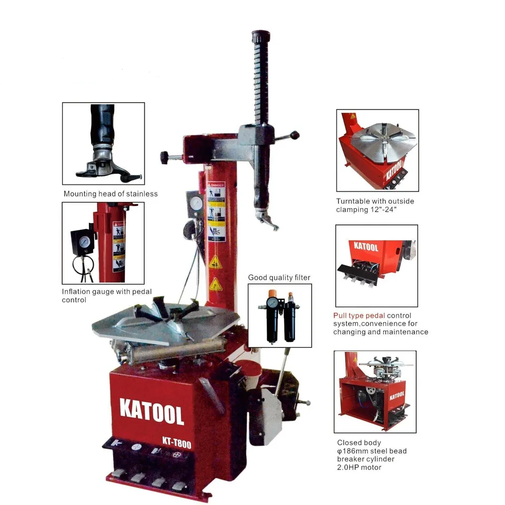 Tire changer showing red base, control gauges, and mounting head for wheels