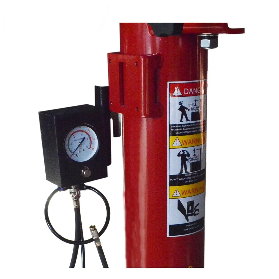 Tire changer pressure gauge and red safety column with warning label