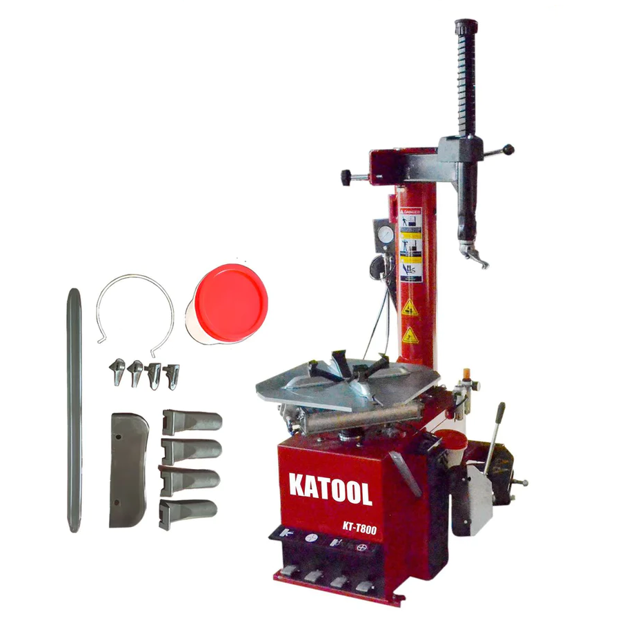 Tire changer kit with red clamp cap and included mounting tools