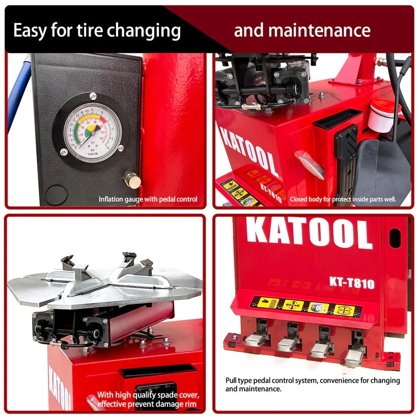 Red tire changer machine panels with pressure gauge and control components.