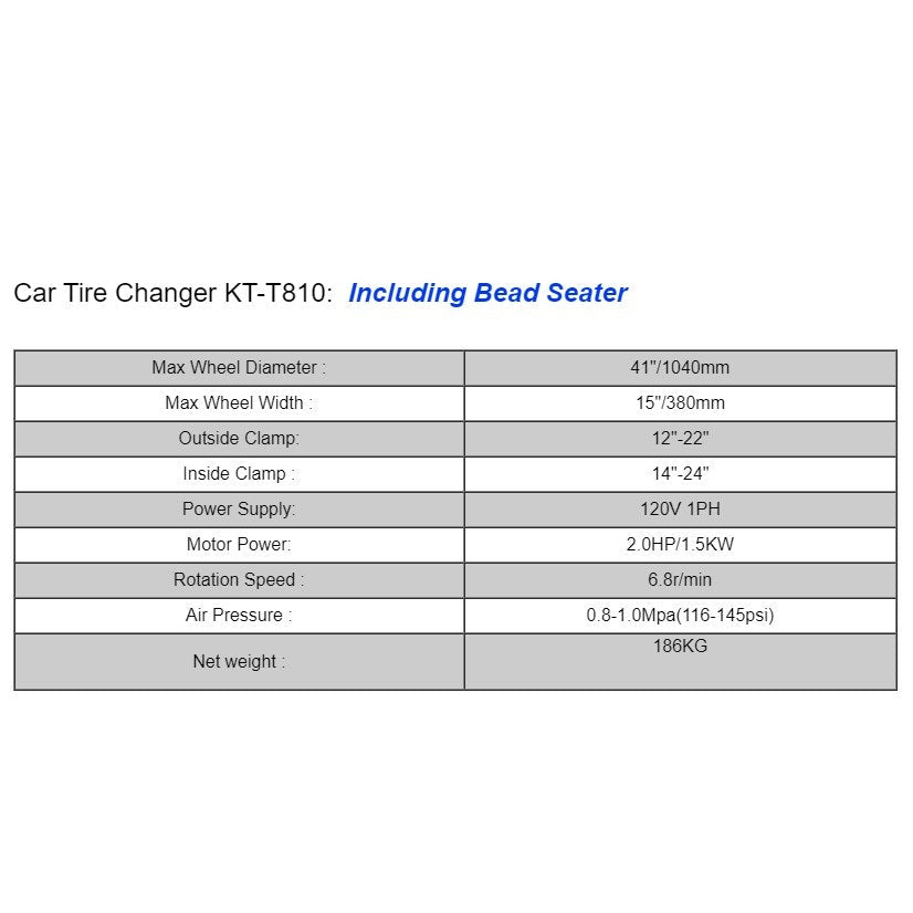 Tire changer specs table layout with clamp sizes and power information.