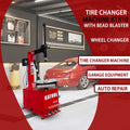Industrial tire changer machine with bead blaster arm, red and black.