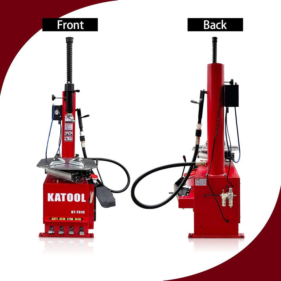 Red tire changer machine shown front and back with mounting head and hoses.