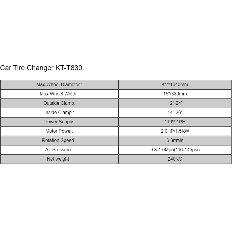 21. KT-T830 tire changer complete dimensions and specifications
