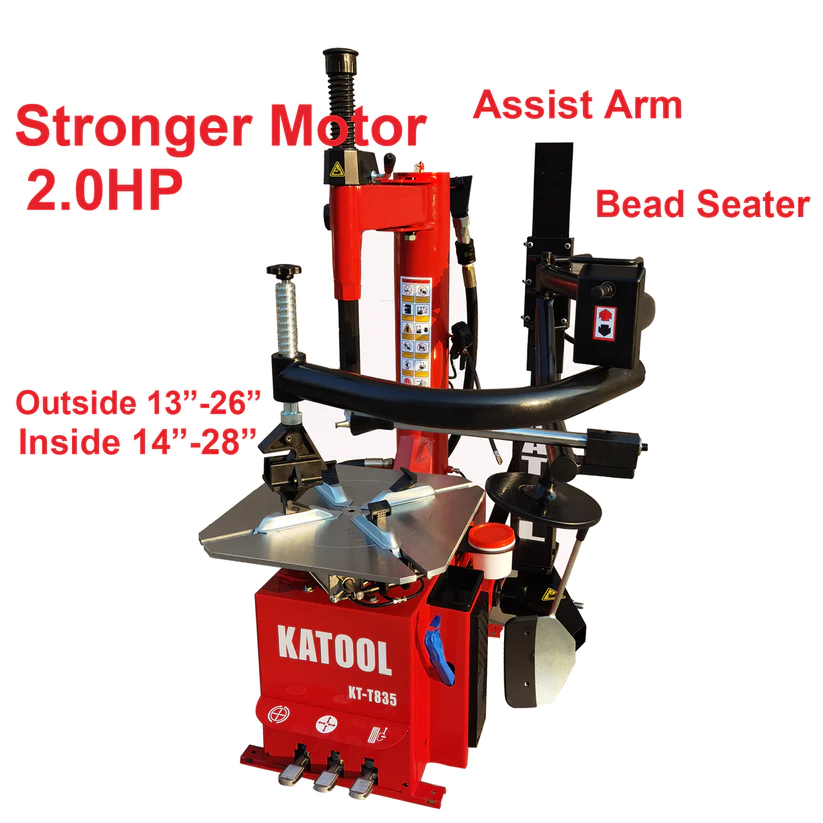 Double-arm tire changer with assist arm and bead seater, red and black, upright levers