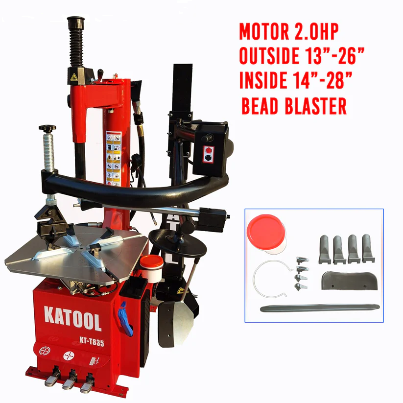 Double-arm tire changer with bead blaster, red and black, including accessory kit