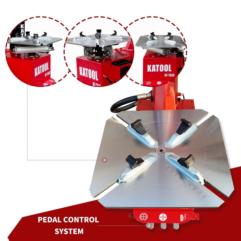 Red tire changer with steel base and four blue clamping arms